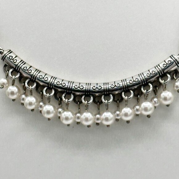 Brighton Oceania Silver Necklace Pearl Drop Scroll Bar Adjustable Chain 18” - Picture 1 of 16